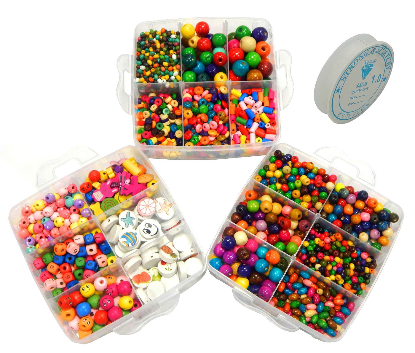 Wooden Beads Craft Set Box 6/8/10/12/14/16/18 mm Natural and Colourful Wooden Beads Wooden Balls with Hole Wooden Beads for Threading 2000 Pieces