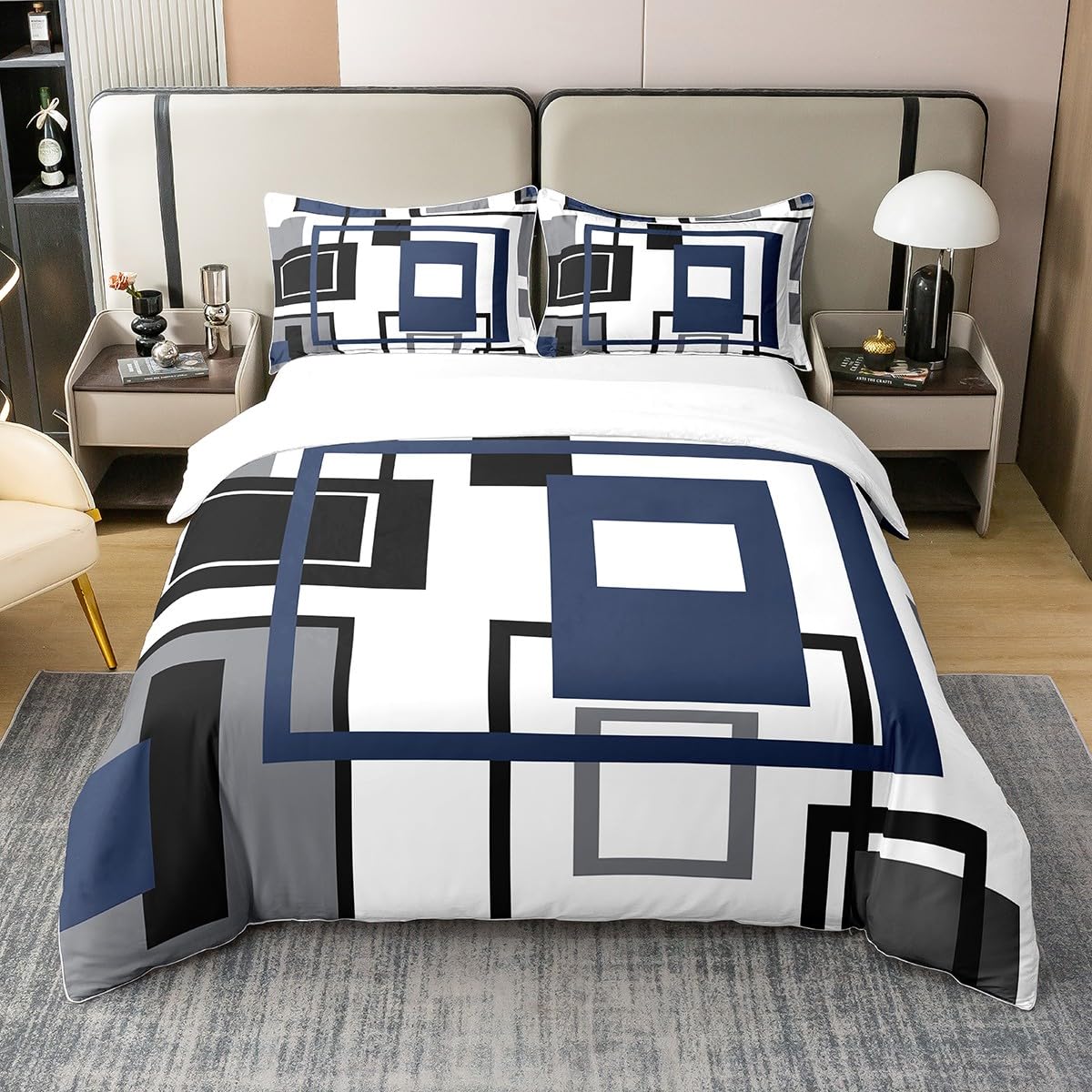 Homewish 100% Cotton Navy Blue Square Comforter Cover for Teen Boys King Lack White Grey Geometric Duvet Cover Striped Bedding Set for Kids Men,Abstract Line Grids Quilt Cover Modern Bedroom Decor