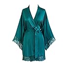 Old Shanghai Women's Kimono Robe Short - Lace Trim (Peacock)