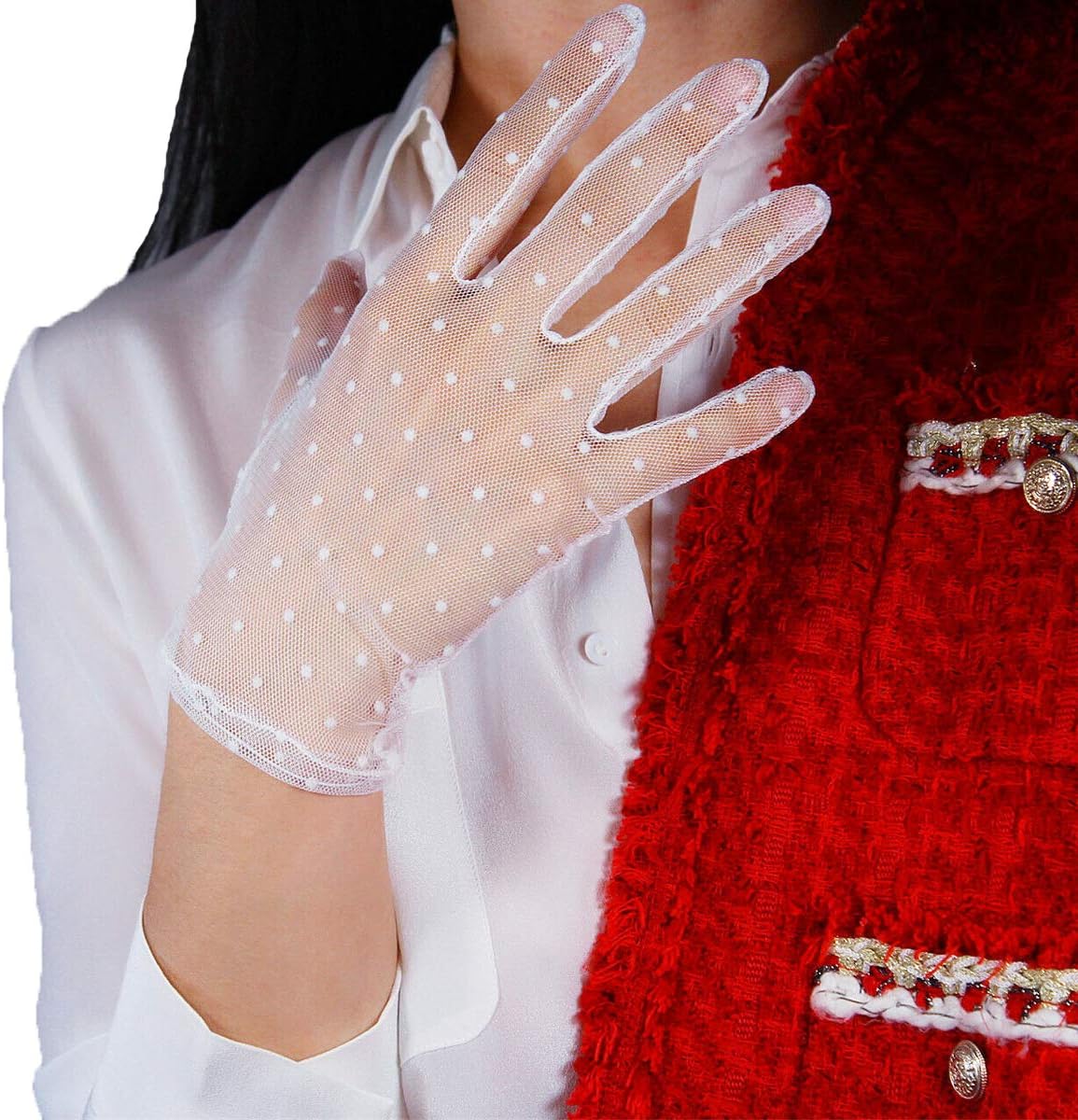 Women Black Wedding Gloves Semi Sheer Polka Big Dots Wrist Short Evening Party Dressy Bridal Lace Tulle Gloves