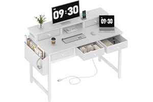 Lufeiya White Computer Desk with Fabric Drawers for Home Office, 40 inch Vanity Makeup Desk with Drawers Storage for Bedroom, Writing Study Table with Power Outlet & Monitor Stand, White