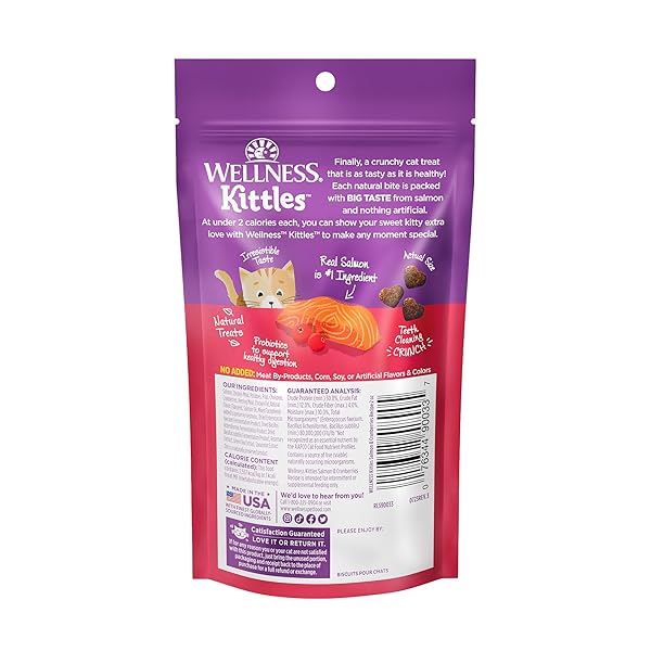 WELLNESS KITTLES CRUNCHY NATURAL GRAIN FREE CAT TREATS, SALMON & CRANBERRIES RECIPE, ALL LIFE STAGES, 2-OUNCE BAG