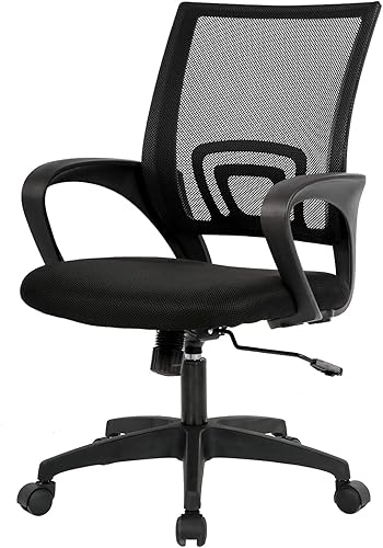 BestOffice | Ergonomic Office Chair | Mid-Back Swivel Desk Chair | Breathable Backrest & Lumbar Support | Adjustable Height | Sponge Seat | Rolling Wheels | Dark Black | for Adults & Women