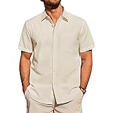 Alimens & Gentle Mens Linen Shirt Short Sleeve Casual Untucked Button Down Cotton Shirts Lightweight Beach Tops Summer