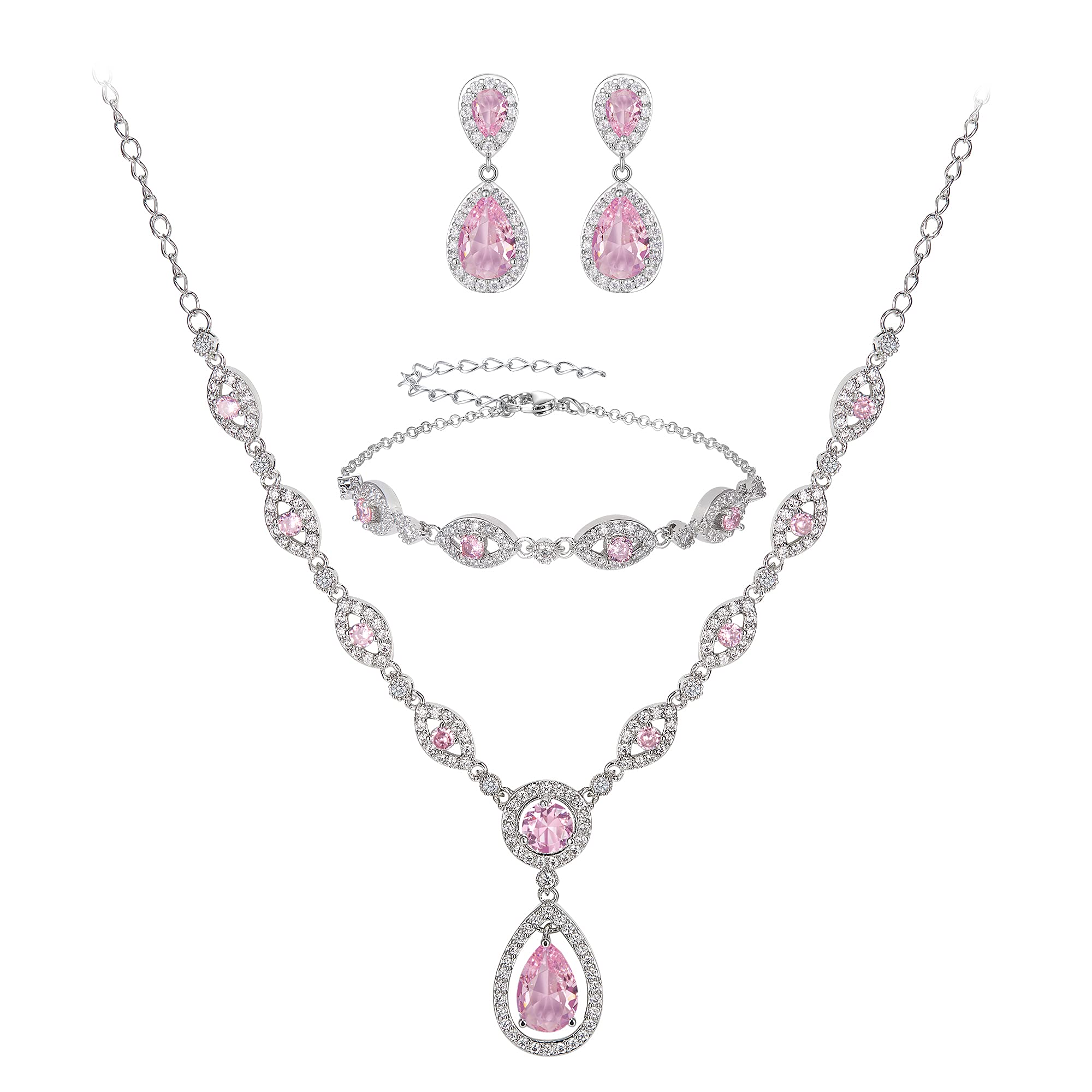 Clearine Women's Wedding Bridal Jewellery Set Cubic Zirconia Teardrop Y-Necklace Chain Bracelet Dangle Earrings Pink Silver-Tone