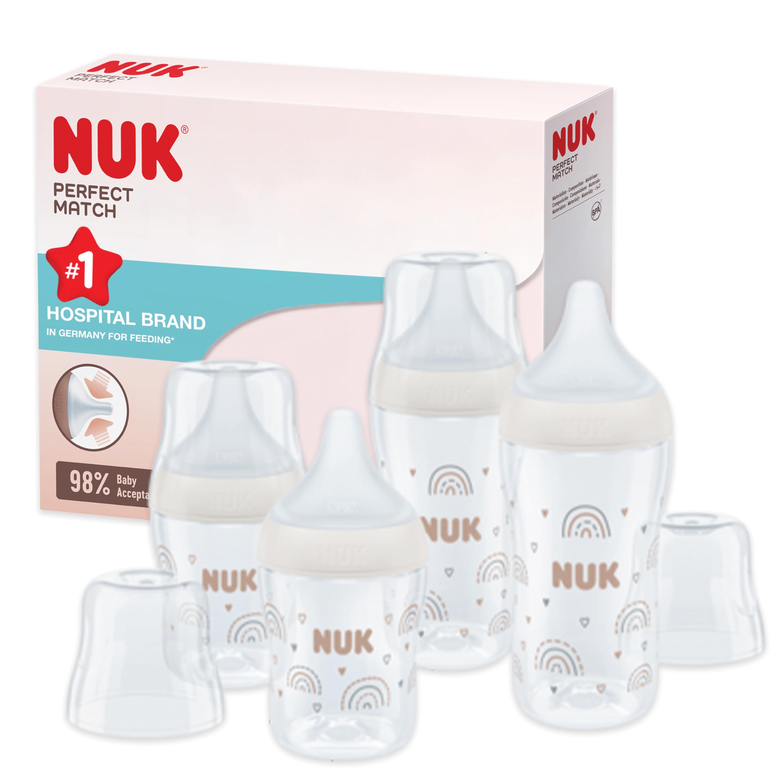 NUK Perfect Match Baby Bottles Set | 3+ Months | Adapts to Baby's Palate | Temperature Control | Anti Colic Vent | 150 ml & 260 ml | BPA-Free | Silicone Teats | Rainbow | 4 Count