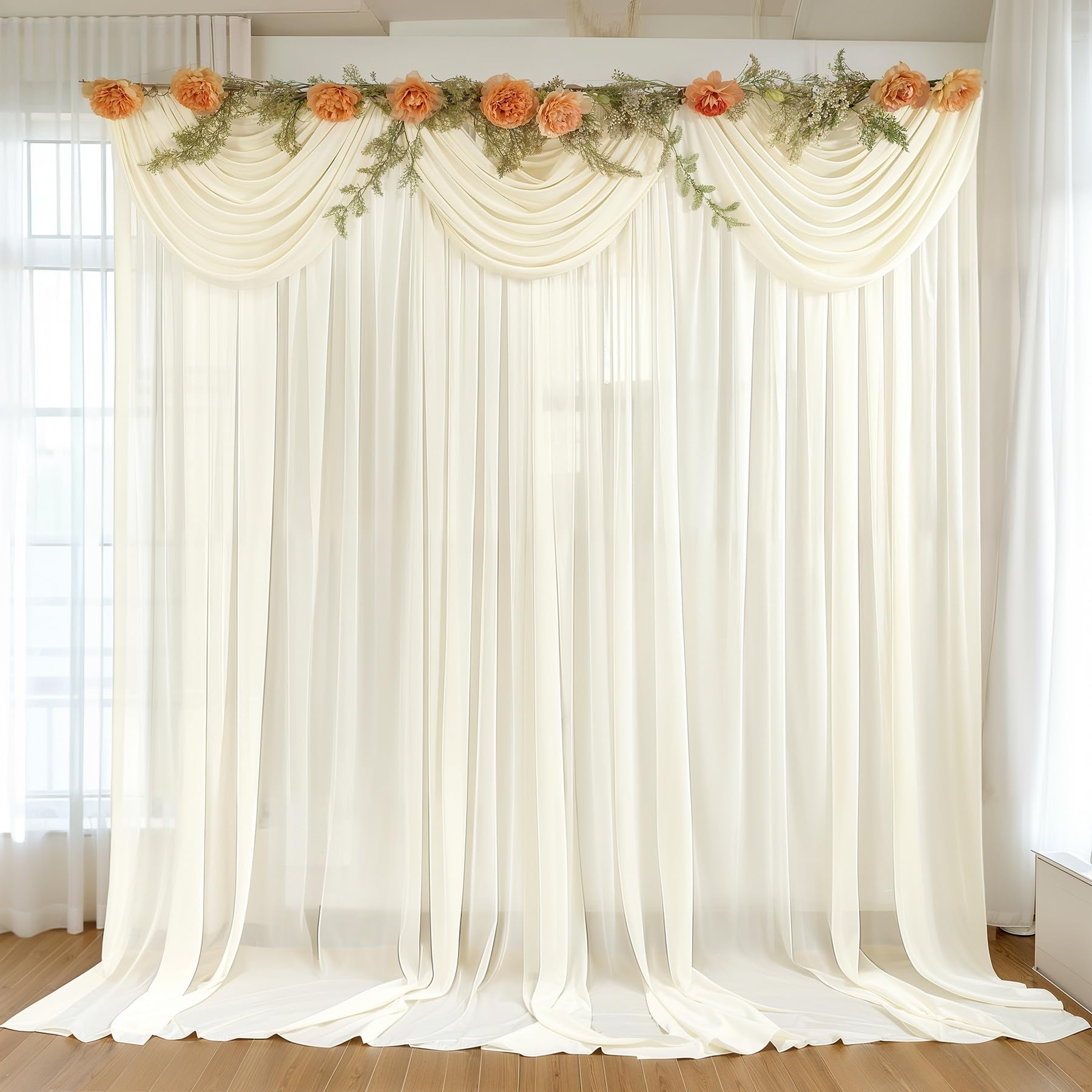 Photo 1 of 10ft x 10ft Ivory Backdrop Curtain Drapes, Wrinkle-Free Sheer Chiffon Fabric Photo Background Panels for Wedding Arch Party Ceremony Stage Photography Decorations