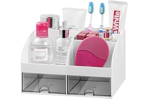 VITVITI Toothbrush Holders for Bathrooms Countertop, 5 Slots Toothpaste Bathroom Counter Sink Organizer with Drawers, Plastic Bathroom Organizer for Vanity/Makeup/Office White