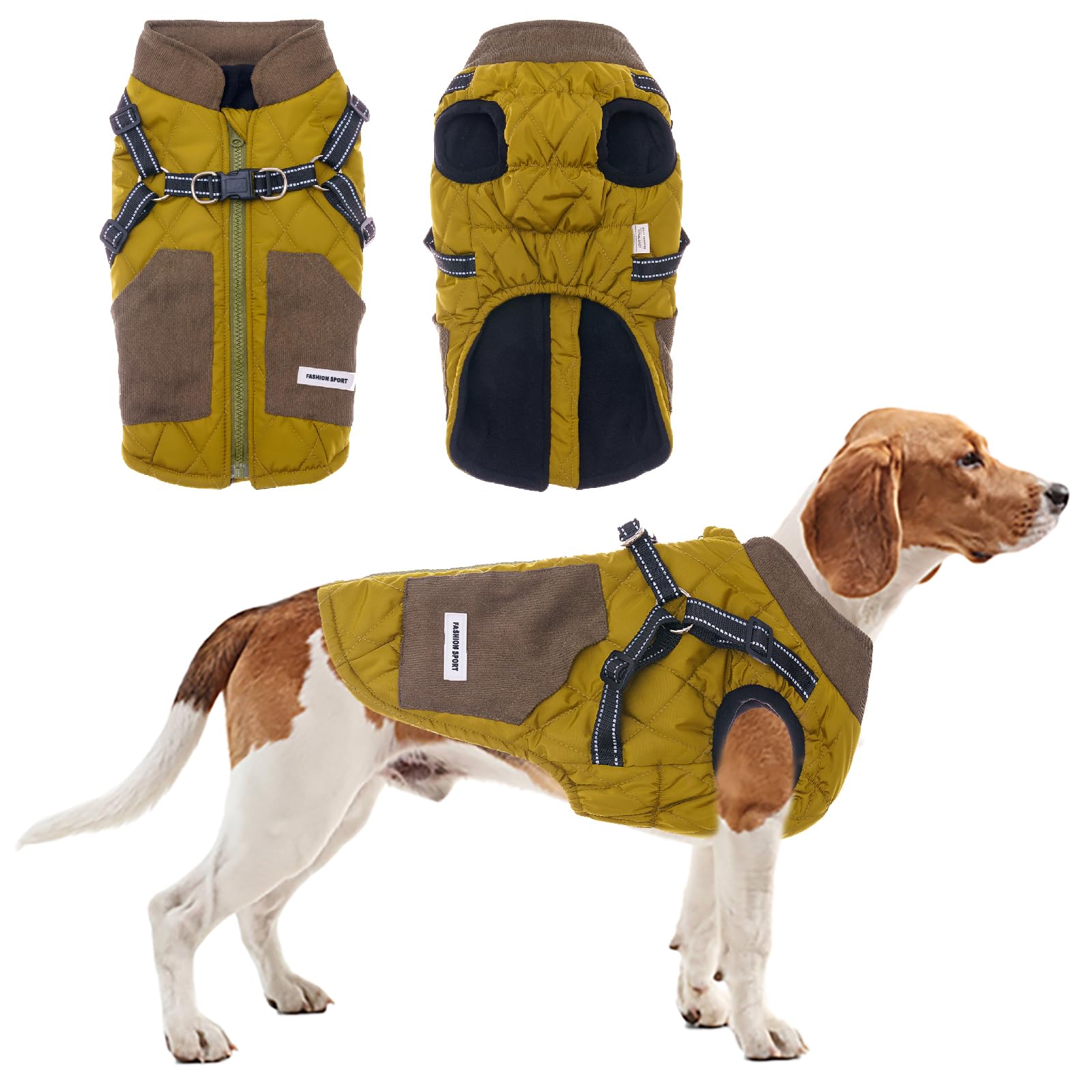 TOPSOSO Dog Jacket, Winter Coat with Harness, Pockets, Reflective Stripes, Zip, Fashion Patchwork Vest for Small Dogs (Mustard Green L)
