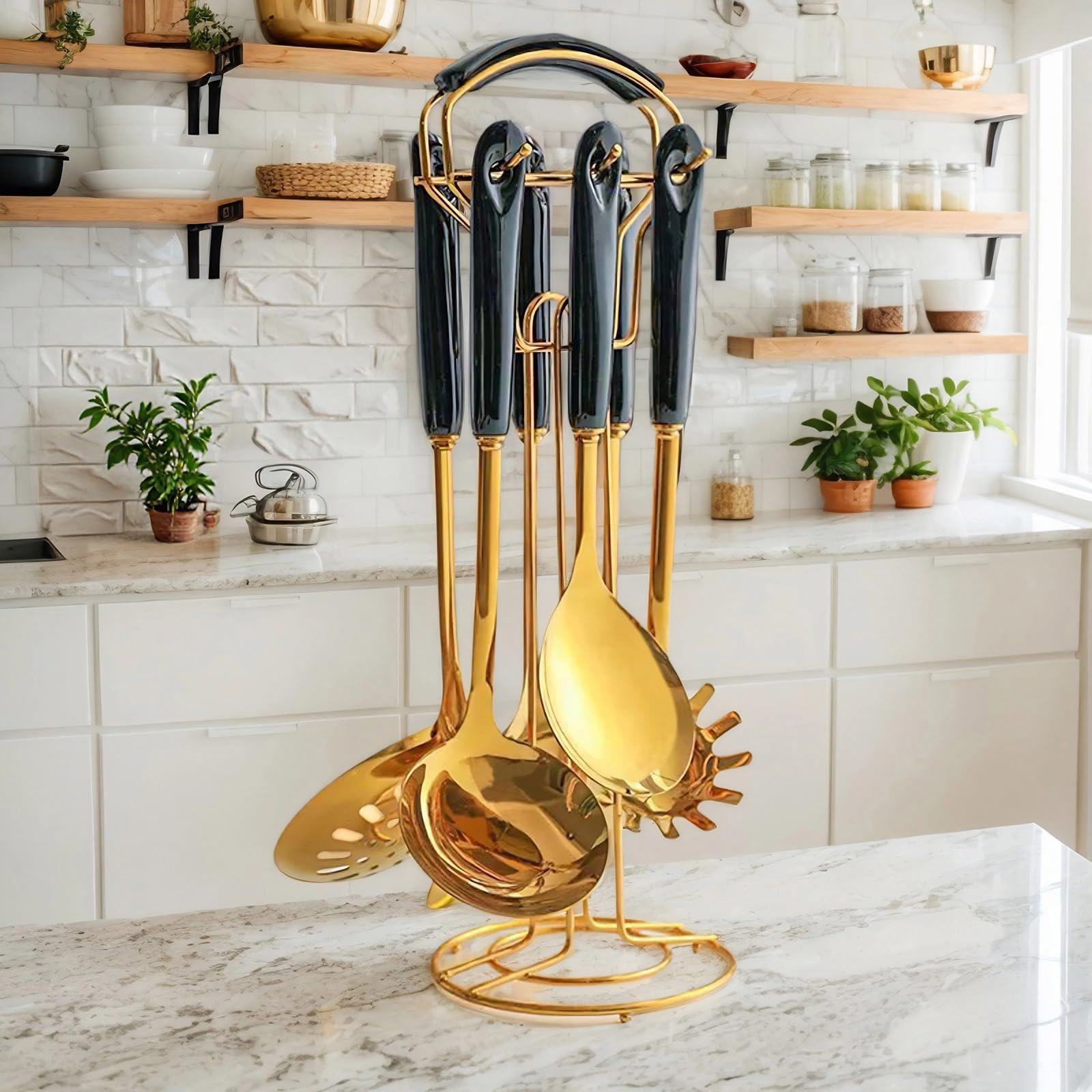 Condition photo showing As Is for novellus stainless steel gold kitchen utensils set with holder, 7pcs kitchen accessories for cooking