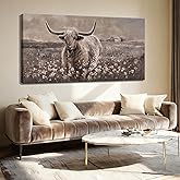 Beige and Brown Highland Cow Canvas Wall Art - 24x48 Inch Framed Large Painting for Rustic Farmhouse Living Room, Vintage Bedroom, Office Decor, Cow Lover Gift