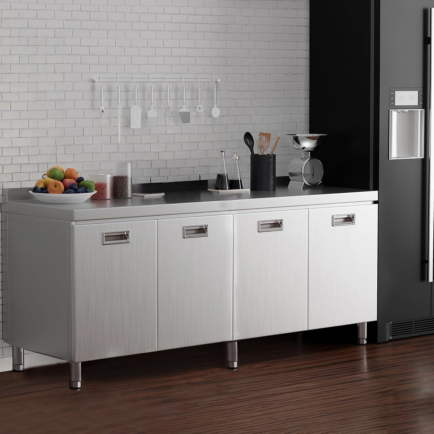 Photo 1 of **USED**ZZV Stainless Steel Table Cabinet for Prep & Work 21 x 70 Inch, Heavy Duty Prep Table with 4 Pull-Out Doors, Commercial Worktable with Cabinet for Kitchen, Restaurant, Hotel, Garage, and Warehouse