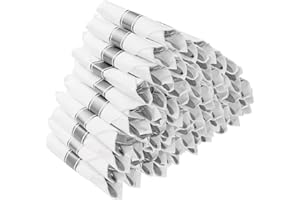 Goodluck 50 Pack Pre Rolled Silver Plastic Silverware, Wrapped Plastic Cutlery Set with Napkin Include 50 Forks, 50 Knives, 5