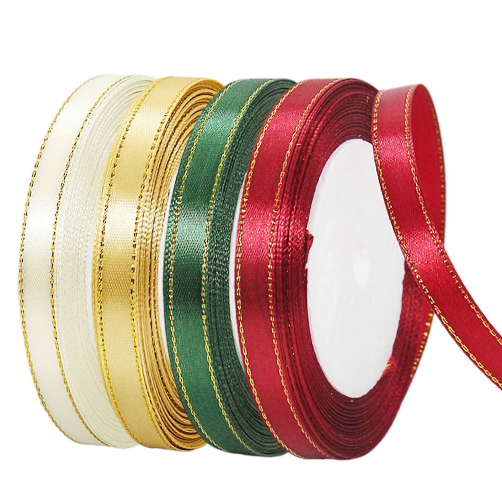 YAAVAAW 4 Roll Burgundy Red,Dark Green,Gold,Ivory Ribbon 10mm for Gift Wrapping 22M,Double Sided Thick Satin Ribbon for Crafting Cake Ribbon,Hair Bow Ribbon,Balloon,Christmas Decor,Wedding Car Ribbon