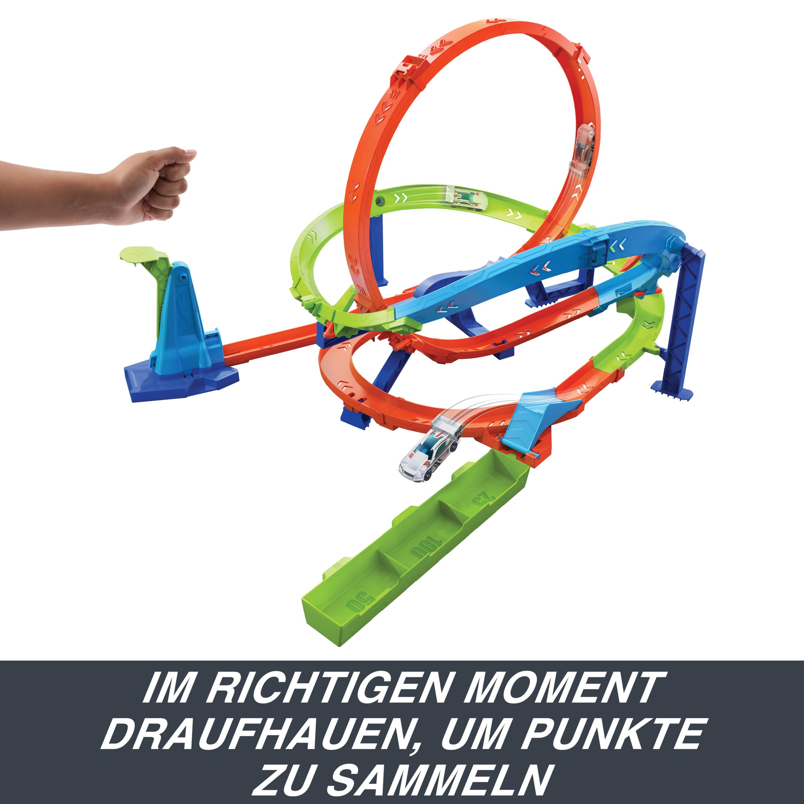 HOT WHEELS Let's Race Netflix - Looping-Zyklon-Challenge - Action-Trackset mit 2 Spielmöglichkeiten, Bumerang-Loopings und Fahrzeug im Maßstab 1:64, mit Tragegriff, ab 4 Jahren, HXM94 4