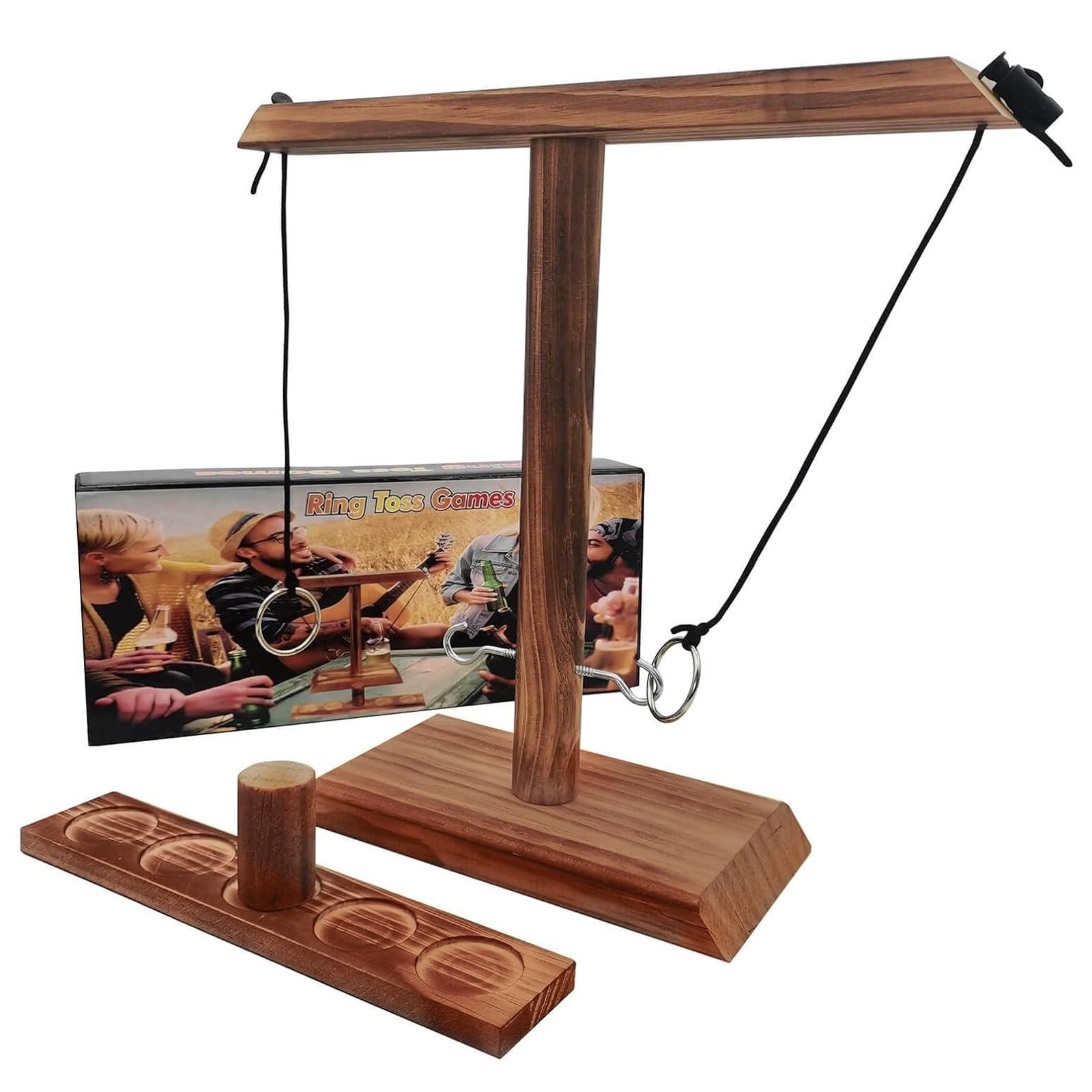 Ring Toss Games Hook and Ring for Adults (Brown, 40cm), Handheld Hook Toss Board Games with Shot Ladder, Outdoor Indoor Handmade Wooden Fast-paced Interactive Games for Bars Home Party