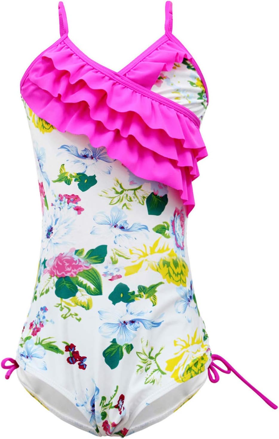Girls Bathing Suits Adjustable Floral Modest Ruffle Swimsuit (FBA)