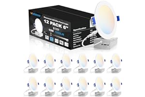 VOLISUN 12 Pack 6 inch Recessed Lighting, 5CCT LED Recessed Light with Junction Box, 2700K-5000K Selectable, 13W Eqv 120W, 1080LM Dimmable Canless Wafer Downlight, LED Ceiling Light ETL Certificated
