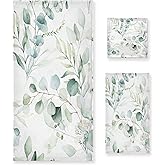 YOCIBIUT 3 Piece Sage Green Eucalyptus Bath Towels Set,Microfiber Absorbent Vintage Watercolor Leaves White Floral Towels for Bathroom,1 Bath Towel,1 Hand Towel,1 Washcloth,Decorative Bathroom Towels