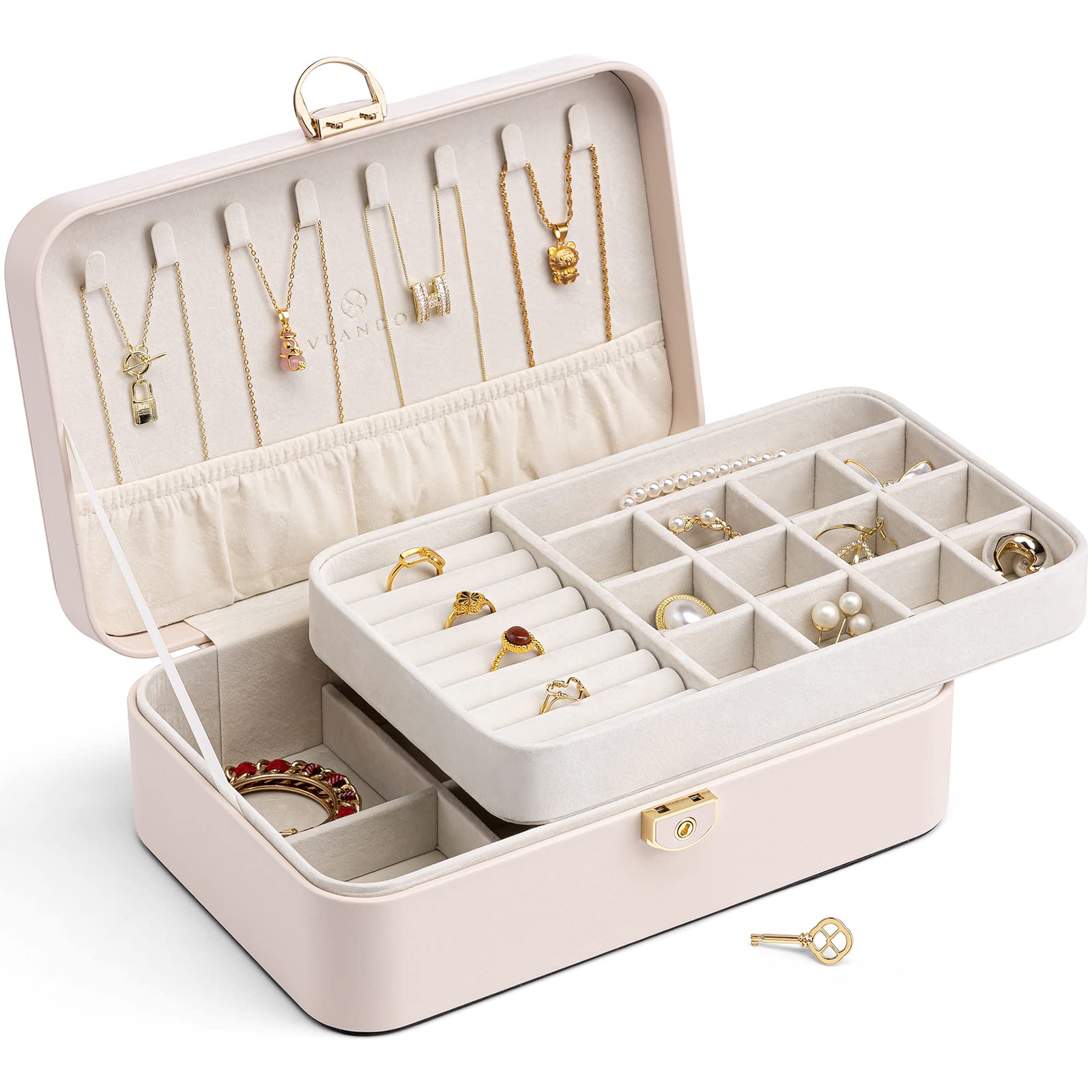 Photo 1 of Vlando 2-Layer Jewelry Box,Valentines Day Gifts for Her Jewelry Organizer for Women Removable Jewelry Tray for Earrings Necklace,Gift Ideas,Birthday Graduation Gifts Apricot Pink