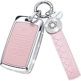 RUABIBAN for Land Rover Key Fob Cover with Keychain, Pink Genuine Leather Crystal Key Case Protection Shell Compatible with Land Rover Vogue Range Discovery Rover Sport
