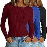 Neer 3 Pack Women's Long Sleeve Cotton Crop Tops Boat Neck Lettuce Trim Ribbed Shirts Slim Fit Casual Basic Tees(Black, Royal Blue, Burgundy,XX-Large)