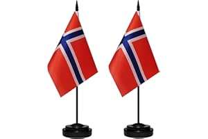 BCLIN Norway Desk Flag Set, 2 Pack Norwegian Table Office Flags, Small Mini Desktop Flag With 12" Solid Black Pole, Black Base, Miniature Desktop Flag