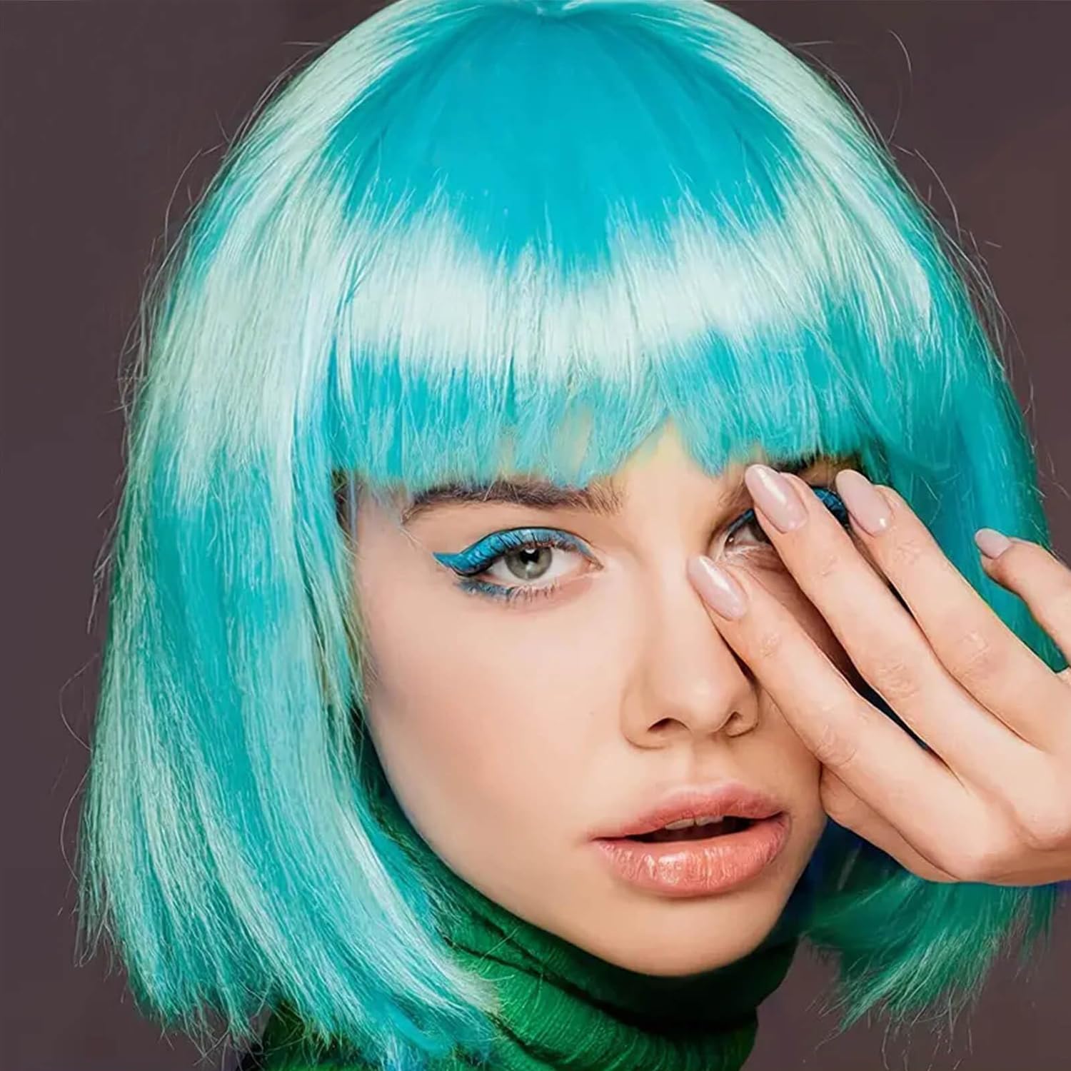 Creamily Short Bob Blue Wig with Bangs, Colorful Wig for Halloween Daily Cosplay & Party Use, Natural Hair Straight Synthetic Cosplay Party Wigs for Women 10 Inches