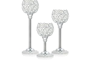 Kehail Crystal Metal Tealight Candlestick, Bling Bowl Candelabras, Tall Crystal Votive Candle Holders Elegant Crystal Candle Centerpiece for Dining Table Wedding Decor (Set of 3, Silver)