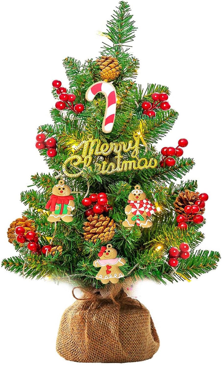 Trees - Mini Christmas Tree with Lights, 22Inch Small Xmas Tabletop Tree with Hanging Ornaments, Battery Operated Artificial Desktop Xmas Tree, Best DIY Christmas Holiday Party Decorations Gingerbread Man