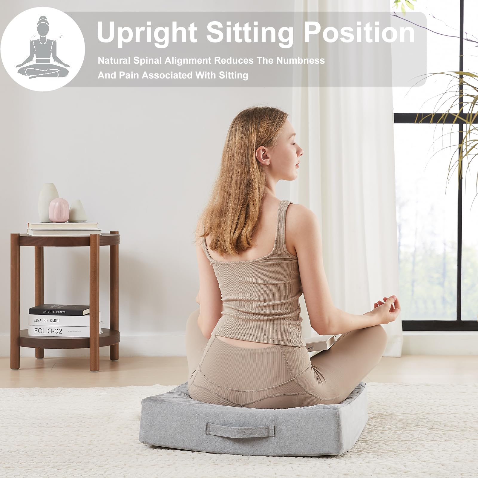 JKMAX 22 inches Floor Pillow for Adults - Large Meditation Cushion with Thick Foam & Soft Tufted Cover - Premium Outdoor Square Floor Cushion Seat - Yoga Pillows for Sitting On Floor - Light Gray - Image 5