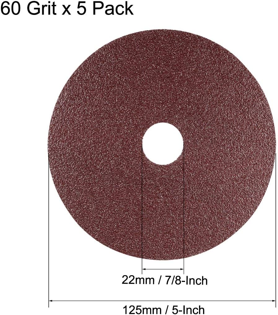 sourcing map 5-Inch x 7/8-Inch Aluminum Oxide Resin Fiber Discs, Center Hole 60 Grit Sanding Grinding Discs, 5 Pack - Image 3