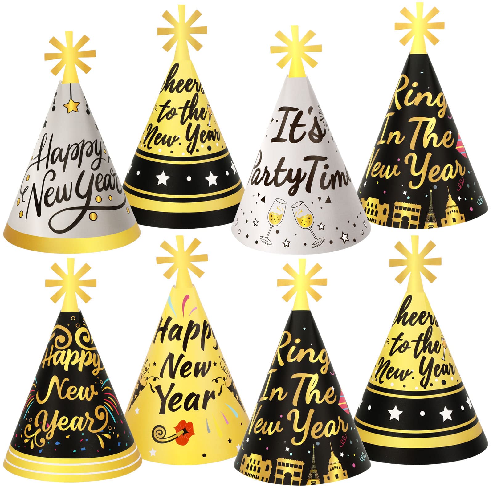DPKOW 12pcs New Year's Eve Party Hats, Cone Hats for 2026 New Year's Eve Party Favour Photo Props, Black Gold Silver Hat for 2026 NYE Countdown PARTY Decorations