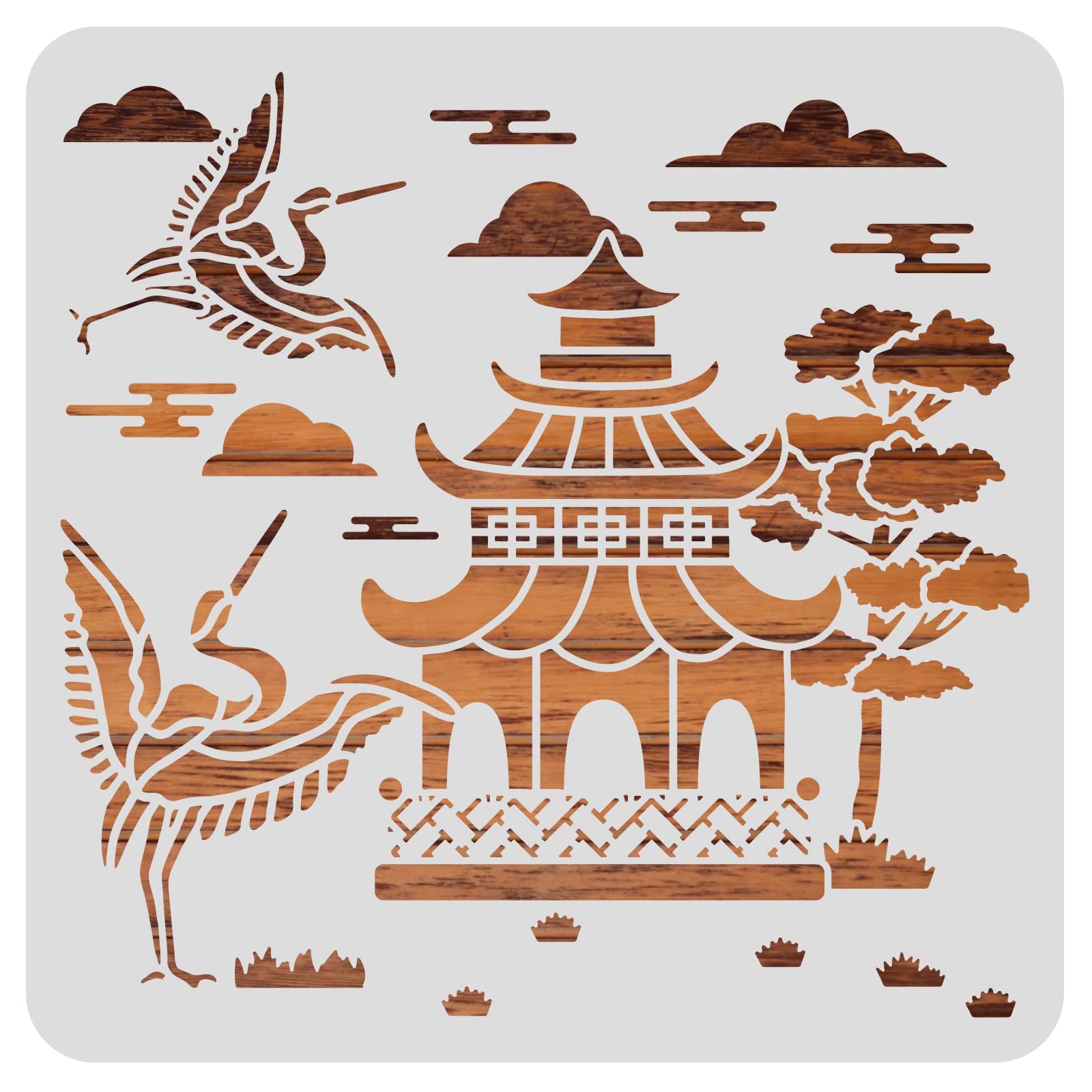 BENECREAT 30x30cm Oriental Theme Plastic Painting Templates, Pagoda Crane Pattern Drawing Stencils for Scrapbook Decoration DIY Crafts