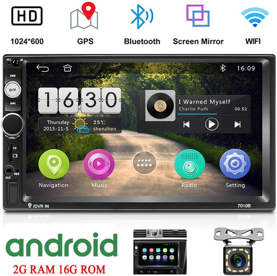 Camecho Android Double Din Car Stereo with 7'' HD Touch Screen Head Unit GPS FM Bluetooth USB Radio Support iOS/Android Phones Mirror Link + 12 LEDs Backup Camera (2G)