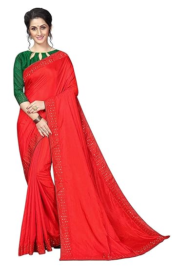 Market Magic World Womens Sana Silk Stone Studded Saree with Contrast Blouse