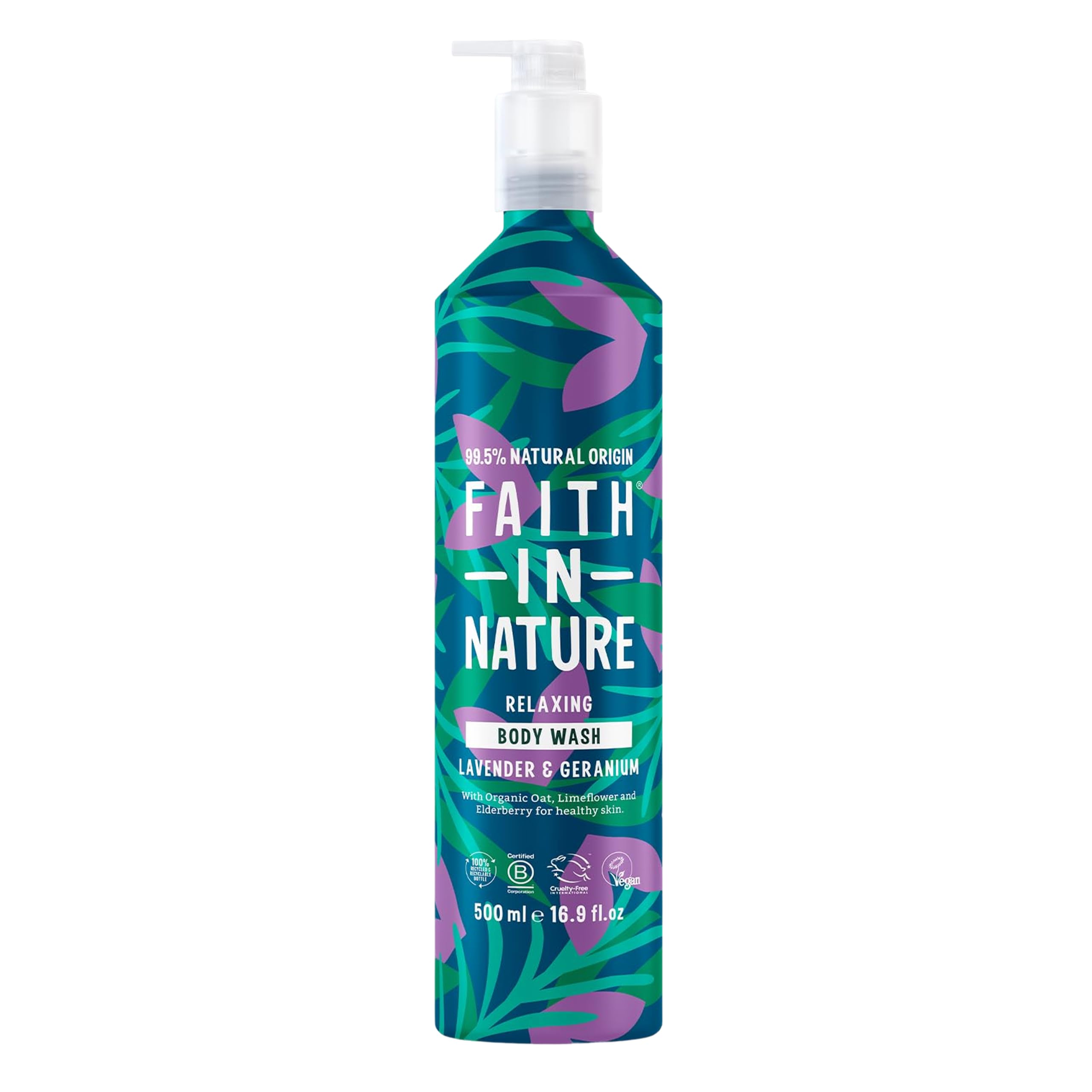 Faith In Nature 500ml Metal Bottle Natural Lavender and Geranium Body Wash, Relaxing Shower Gel, Vegan and Cruelty Free, No SLS or Parabens