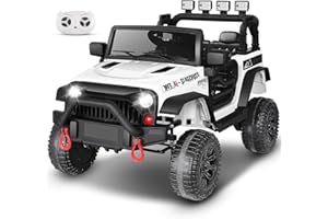 Hikole 12V Kids Ride on Truck Car, Kids Battery Powered Vehicles W/Remote Control,Bluetooth, Music, Power 4 Wheels Suspension LED Lights Safety Belt, Jeeps Car for Kids Girls Boys, White