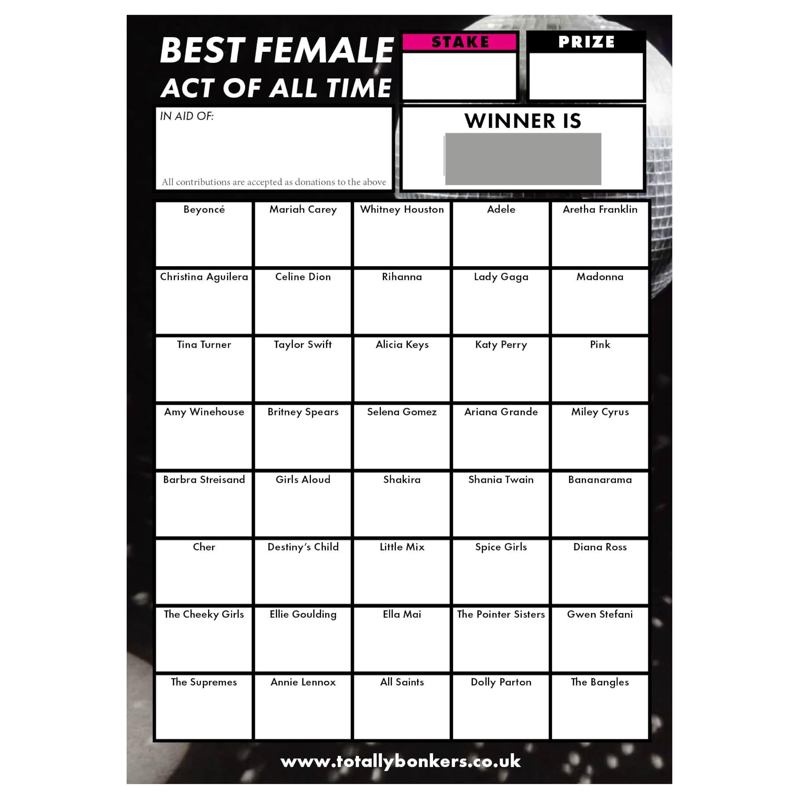 Totally Bonkers - Best Female Act Music Fundraising Scratch Cards - 40 SQUARE - A6 (148x105mm) -10 Pack - TB0015 - Blind Card