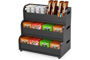 Wisuce Home Tea Bag Organizer Storage Holder- Bamboo Countertop Teabag Display Rack 3-Tier Stackable Wall Mount Large Capacity for Pantry Kitchen Office Coffee Station (Black)