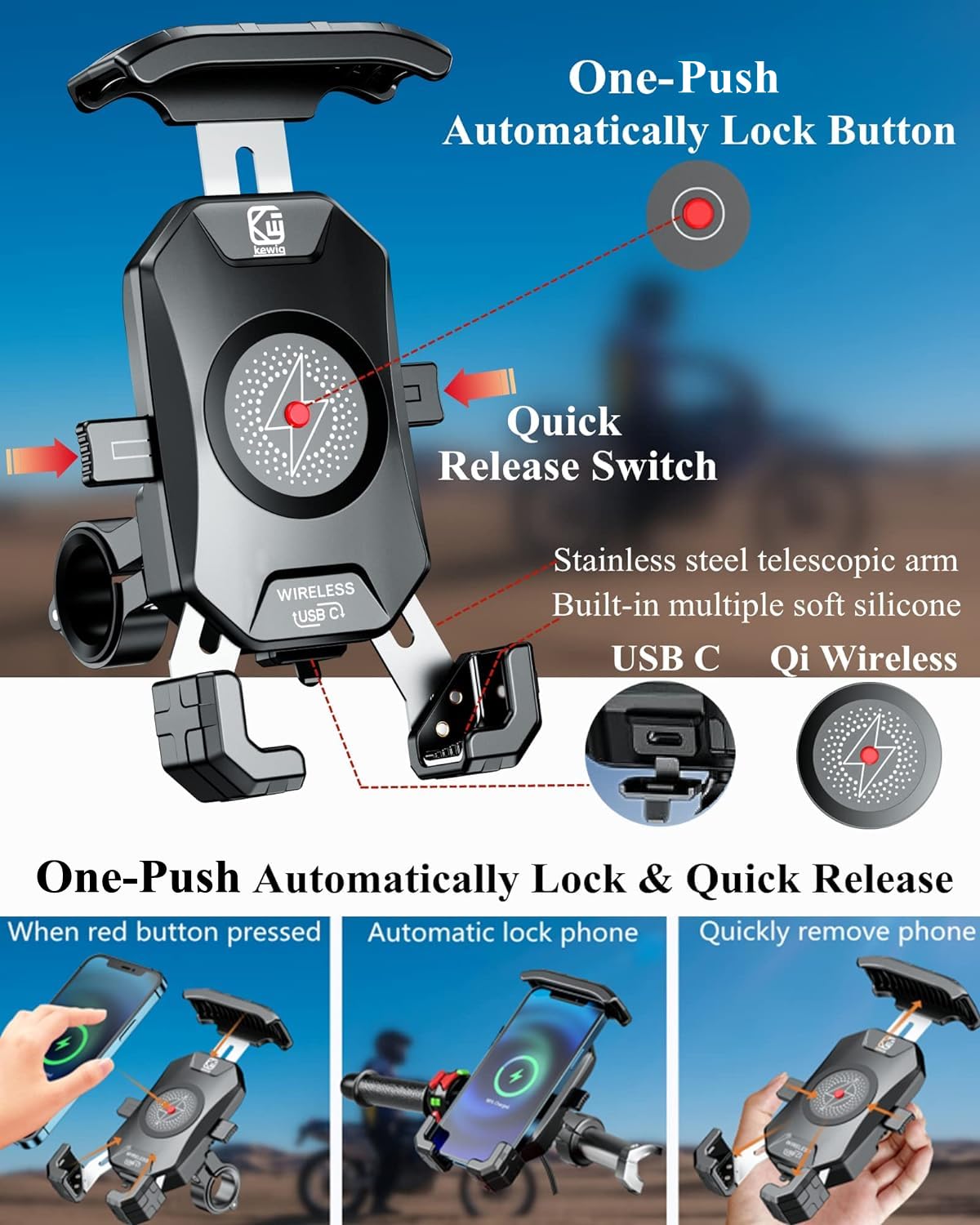 BRCOVAN Motorcycle Phone Mount Holder with Qi 15W Wireless Charger & PD/USB-C 20W Fast Charging Port, [1s Lock] Cellphone Cradle with Aluminum Alloy Handlebar Mounting Base for 4-7'' Smartphone