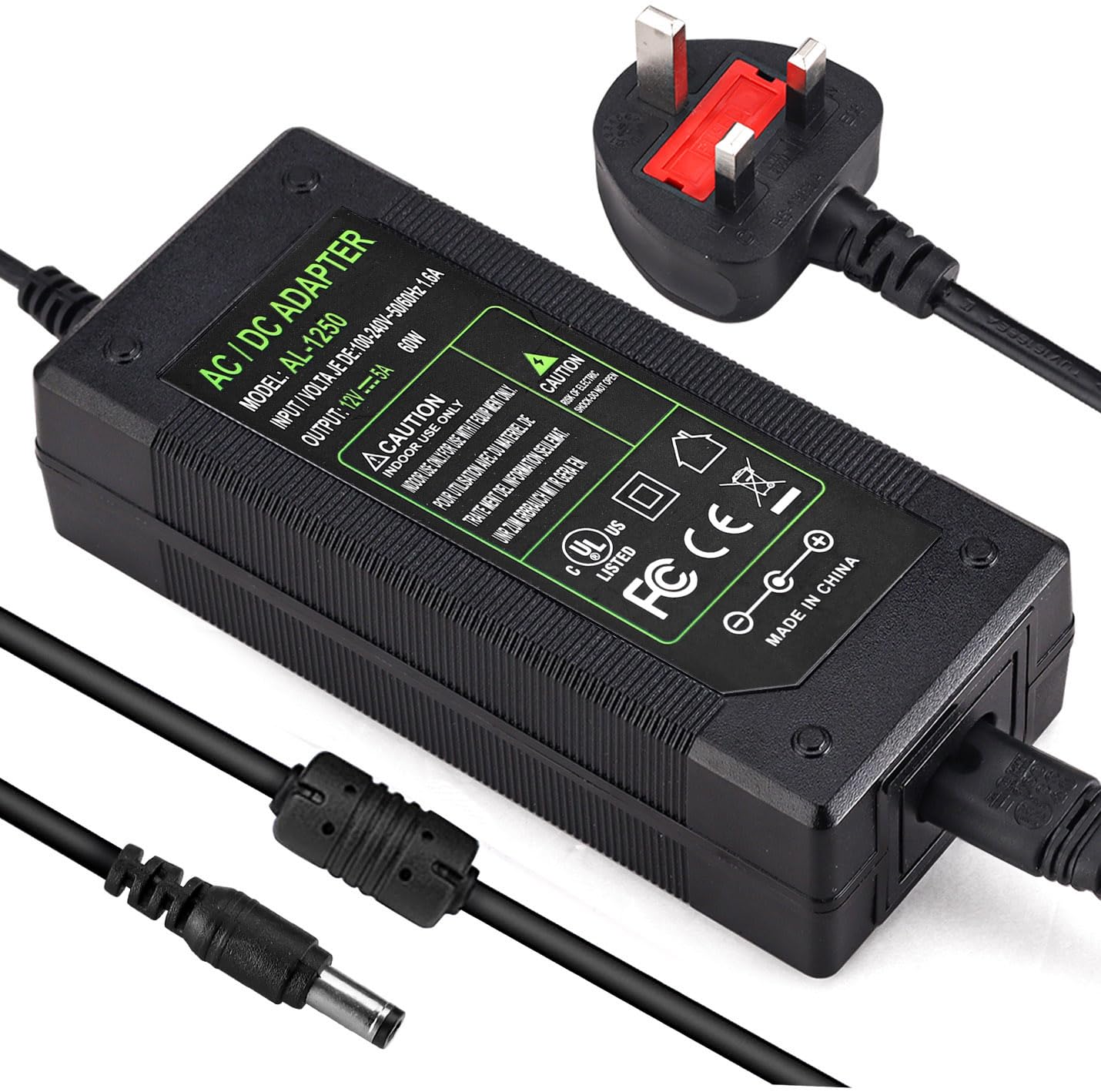 DC 12V 5A Power Supply Adaptor 60W, AC 100-240V to DC 12 Volt Power Adapter UK Plug for Monitors TV DVDTVs Amplifier Cameras System (12V 5A)
