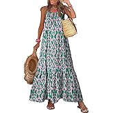 Dokotoo Women Summer Dresses 2026 Spaghetti Strap Scoop Neck Smocked Ruffle Flowy Boho Maxi Dress