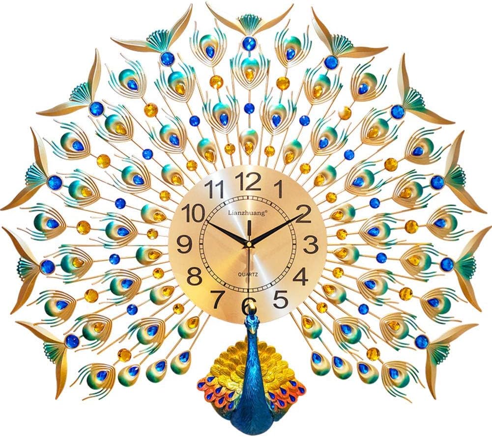 FSYGZJ Large Decorative Peacock Wall Clock,Oversize Metal Frame No