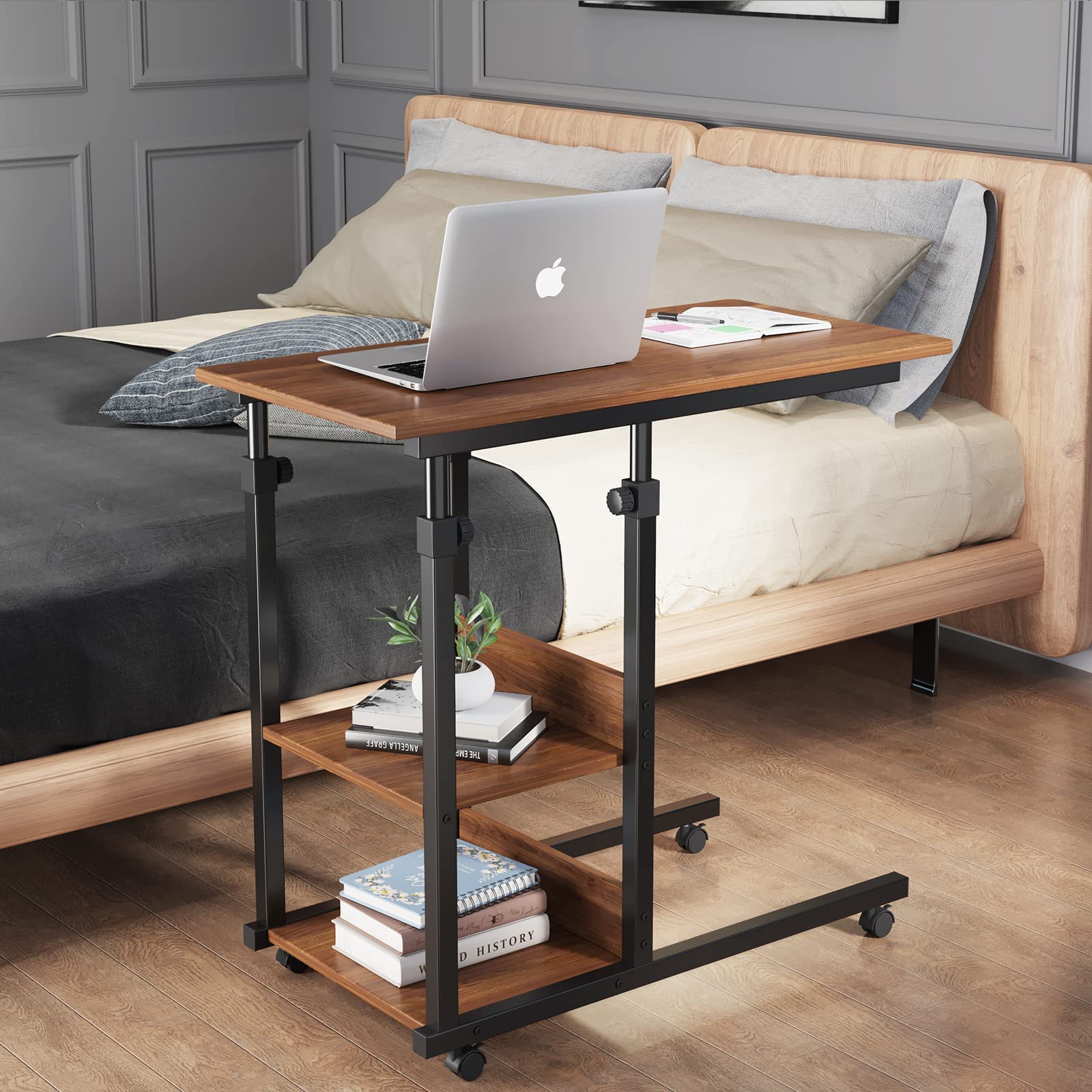 Dripex Beistelltisch mit Rollen Laptoptisch Höhenverstellbar Schreibtisch aus Holz, Sofatisch Nachttisch Kaffeetisch Schlafzimmer, Wohnzimmer Dunkelbraun 5