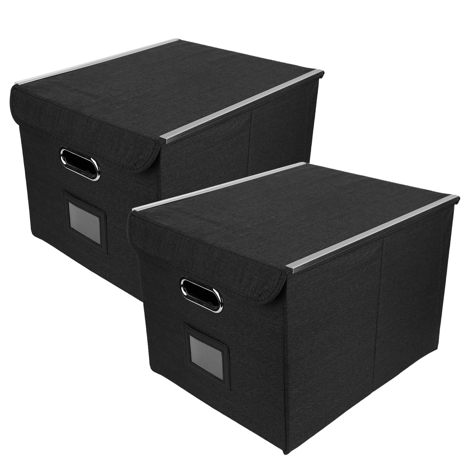 Palmcee Upgraded File Organiser Box, 2 Pack Portable Storage Boxes with Lid & Plastic Slide, Black File Organiser Folders Storage Document Storage Box Filing Boxes for Use Office Home