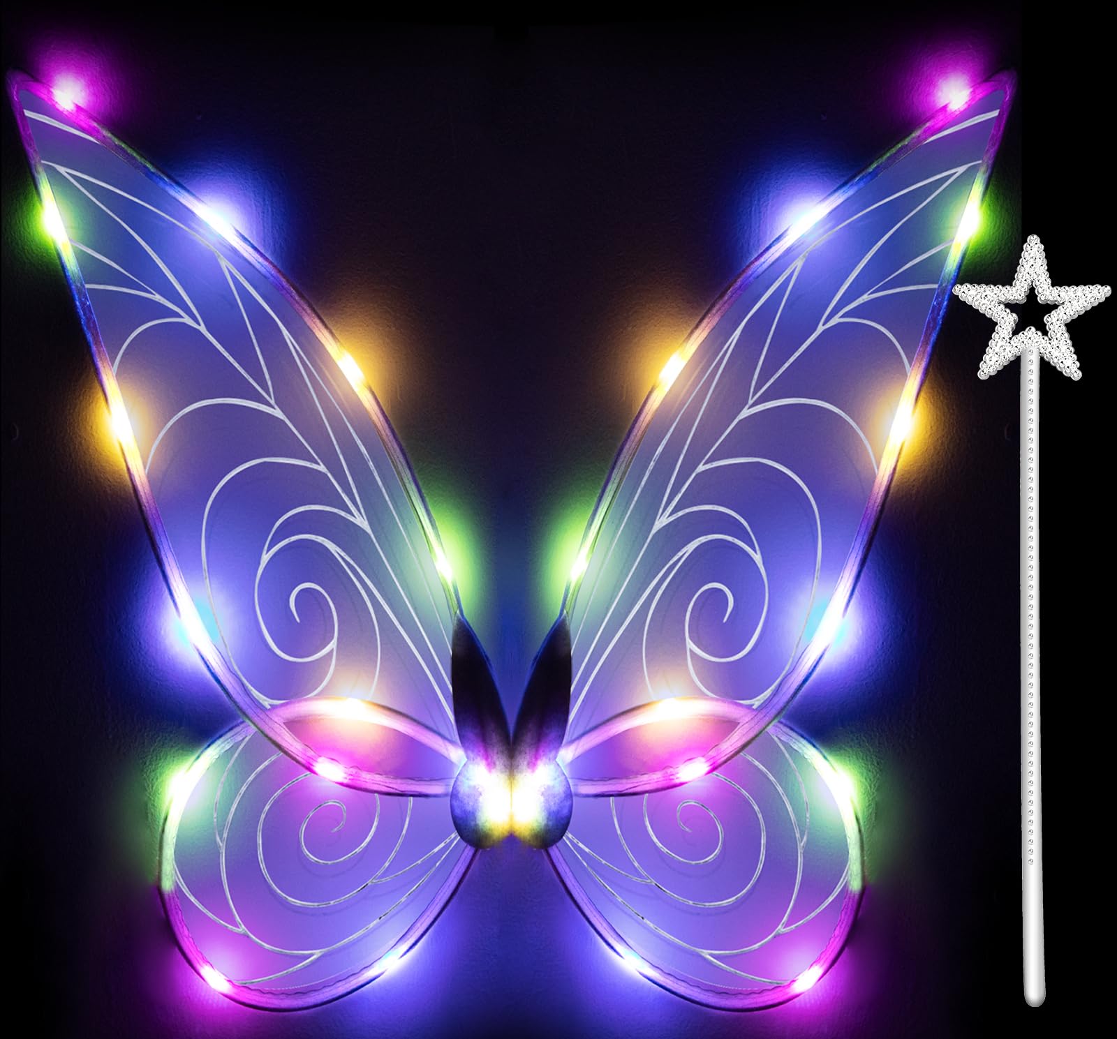 Silom Fairy Wings Light up Butterfly Wings for Adult Kids, LED Fairy Wing Sparkle Angel Wings for Girls Women Halloween Cosplay Costume Angel Wings Dress Up Costume (Colorful)