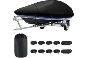 LANLELIN Heavy Duty Bass Boat Cover, 17'2"-19'2" Trailerable Marine Grade Waterproof Tarp Cover with Adjustable Windproof Tightening Strap & Anti-UV fit V-Hull/Tri-Hull/Fishing Boat/Runabout/Prostyle Bass Boat