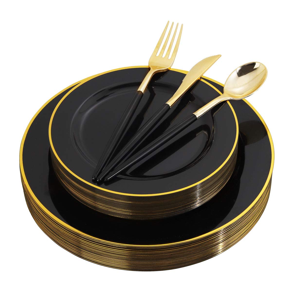 Photo 1 of WELLIFE 120 PCS Black Plastic Plates - Gold Plastic Silverware,Includes 24 Dinner Plates, 24 Dessert Plates, 72 Gold Cutlery for Party and Weddings