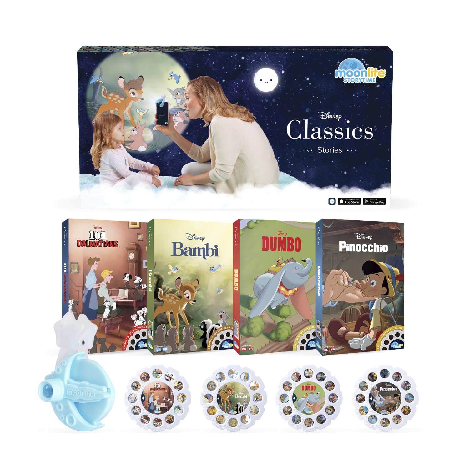 Moonlite Storytime Starter Pack with Smartphone Projector, Picture Disc and Four Stories, Ideal for Bedtime, Storytime, Family Travel and Thoughtful, Disney Classics
